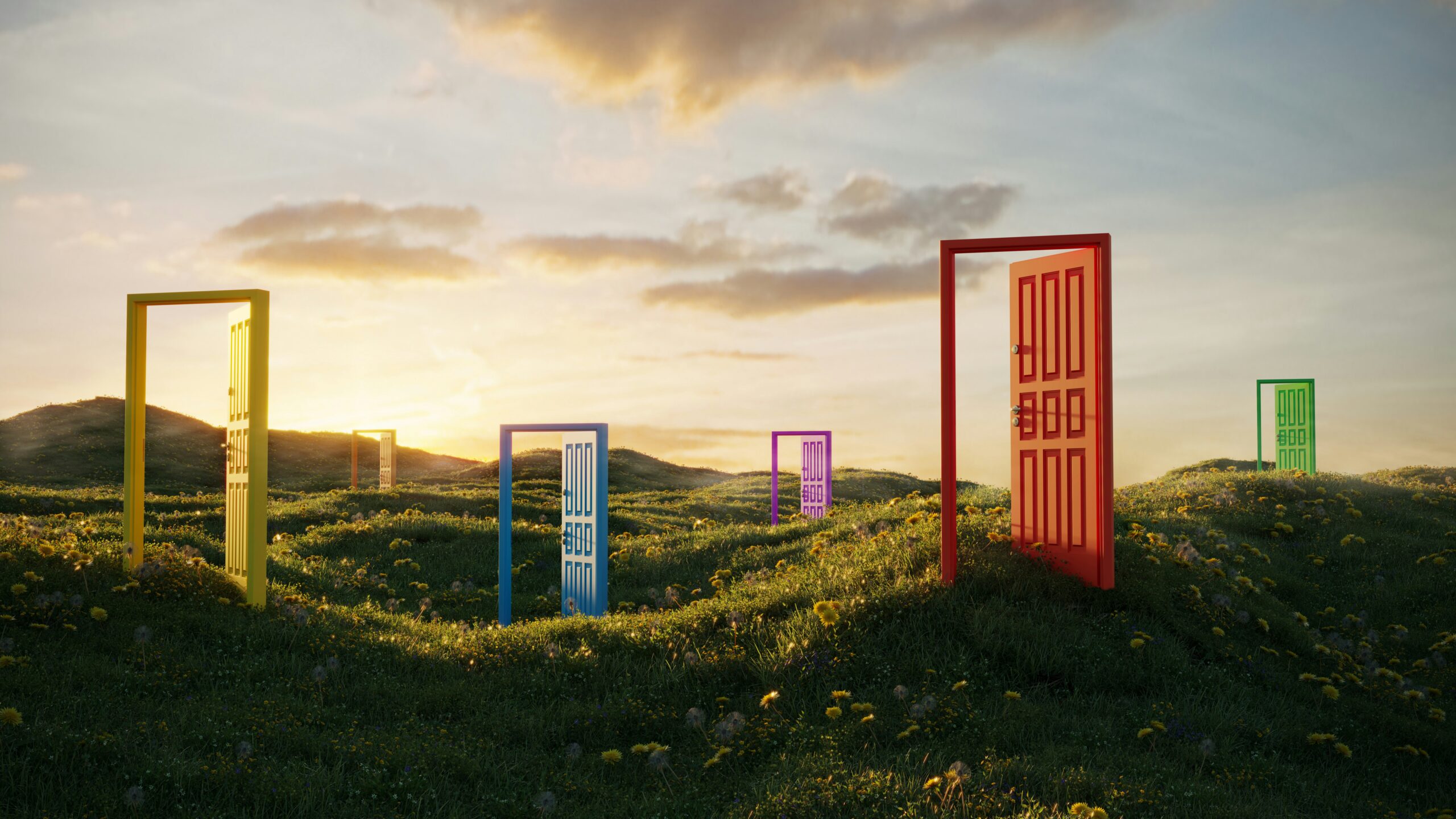 Colorful doors stand in a field against a vibrant sunset, creating a striking contrast in the landscape.