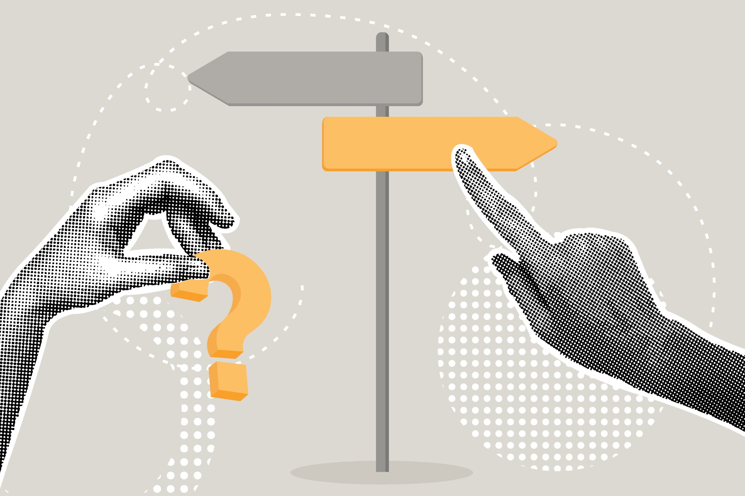 A Hand Holds a Question Mark While Another Points Towards Directional Signs. This Image Symbolizes Decision-Making and Guidance.