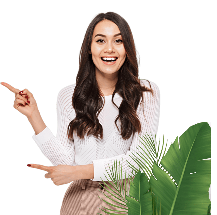 Portrait of a Happy Asian Businesswoman Pointing Finger Away at Copy Space Isolated Over White Background.