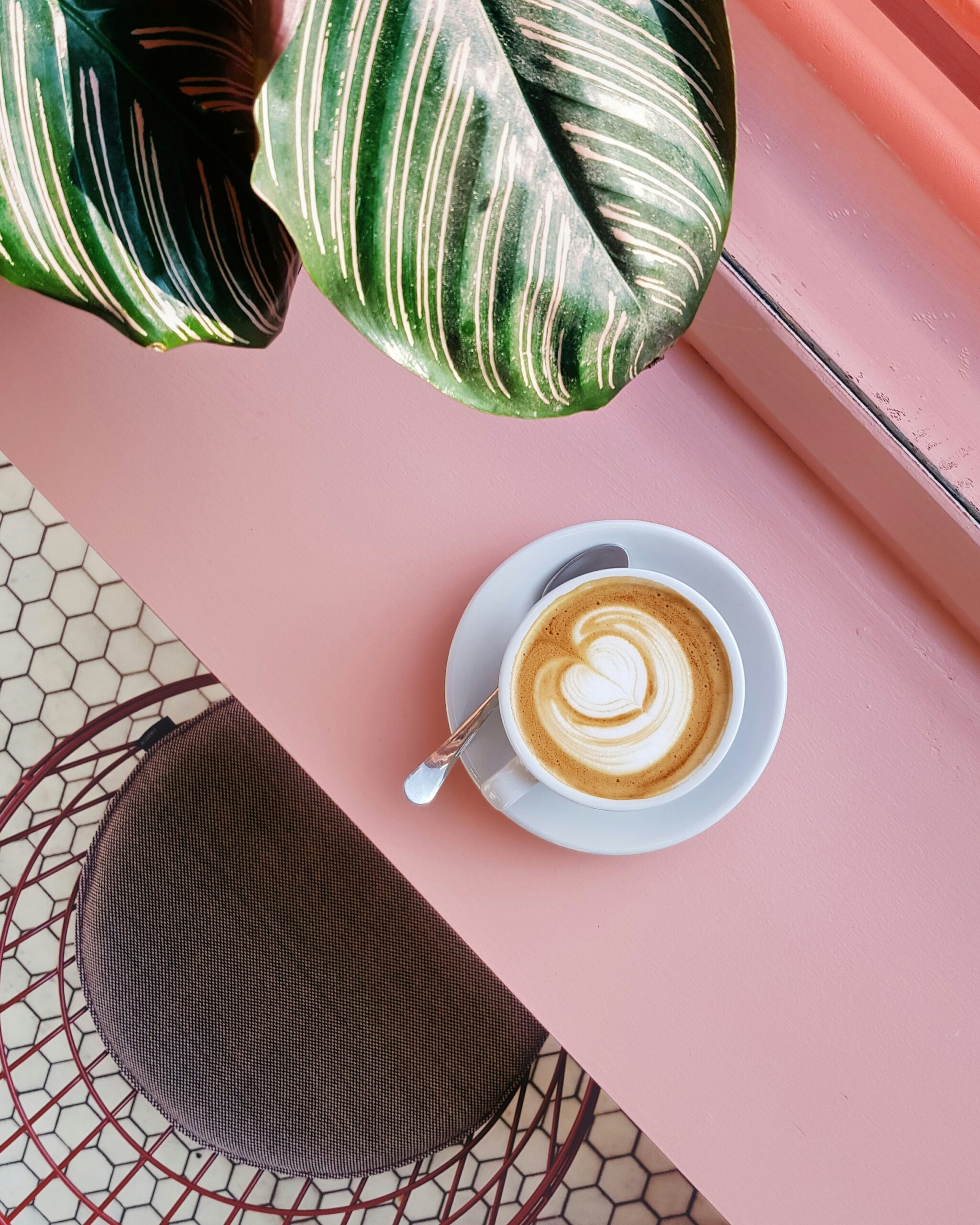 A cup of coffee sits on a pink table beside a small green plant.