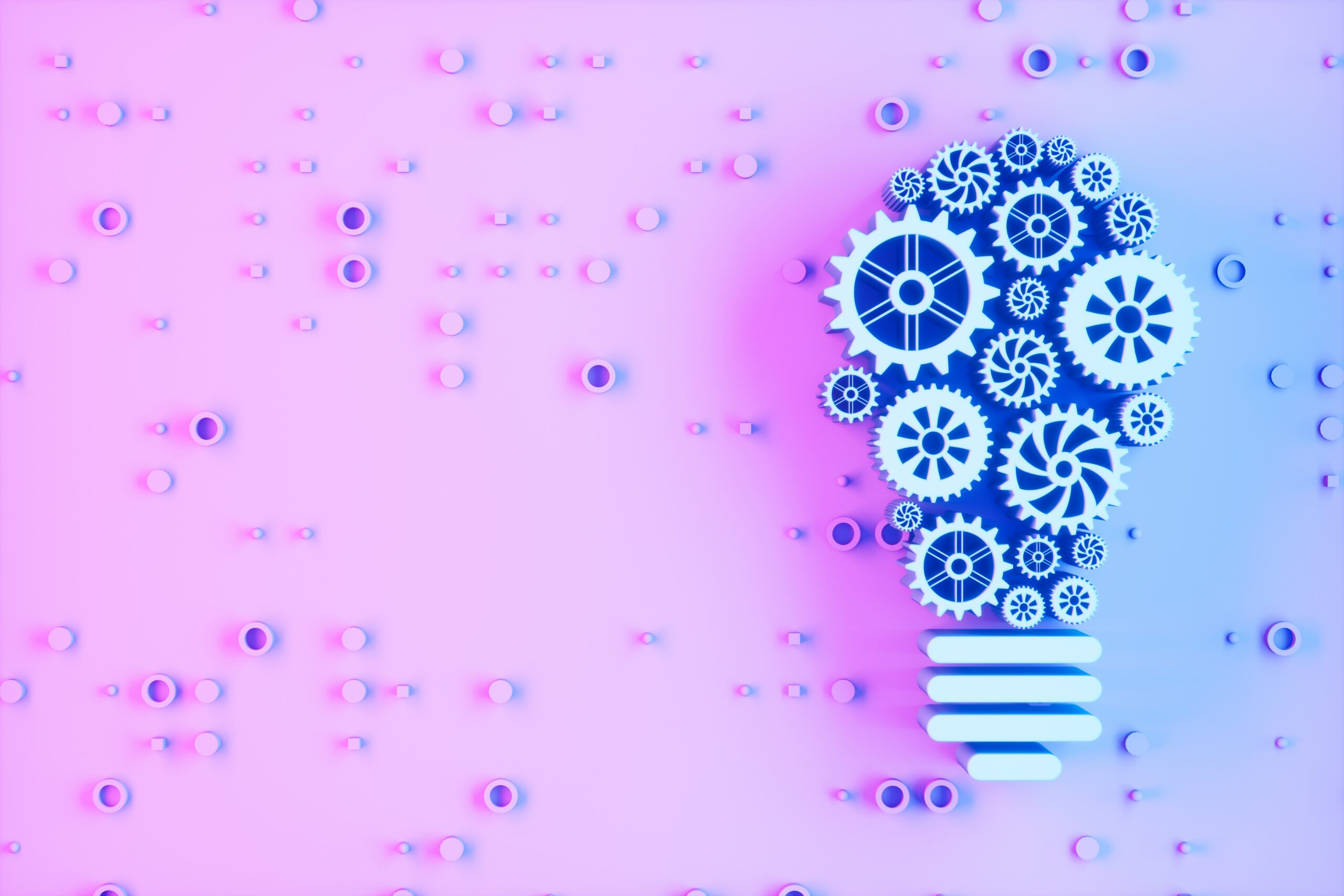 Light bulb shape composed of interconnected gears, symbolizing innovation and creativity against a gradient pink and blue background.